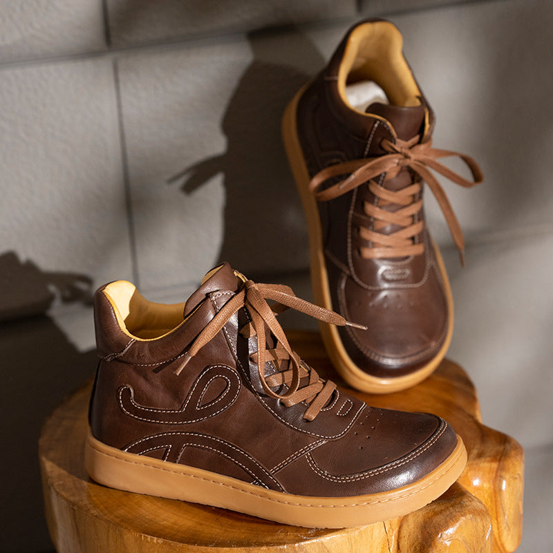 Casual Leather Embroidered Lace-Up Soft Sole Sneakers