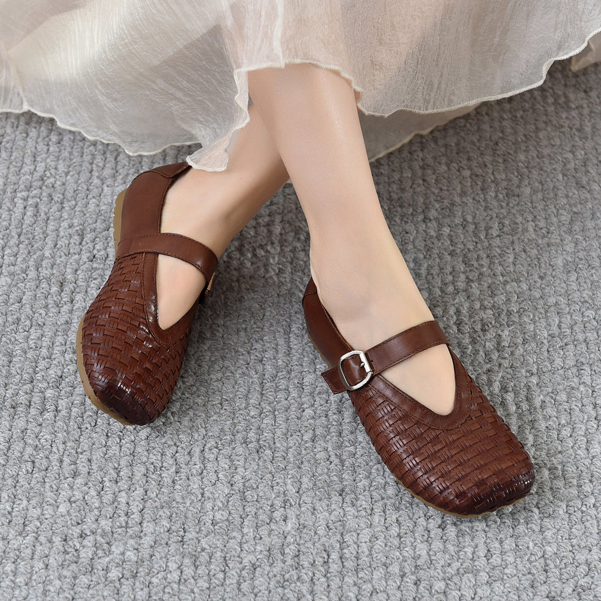 Babakud Retro Leather Woven One Straped Shallow Flat Shoes
