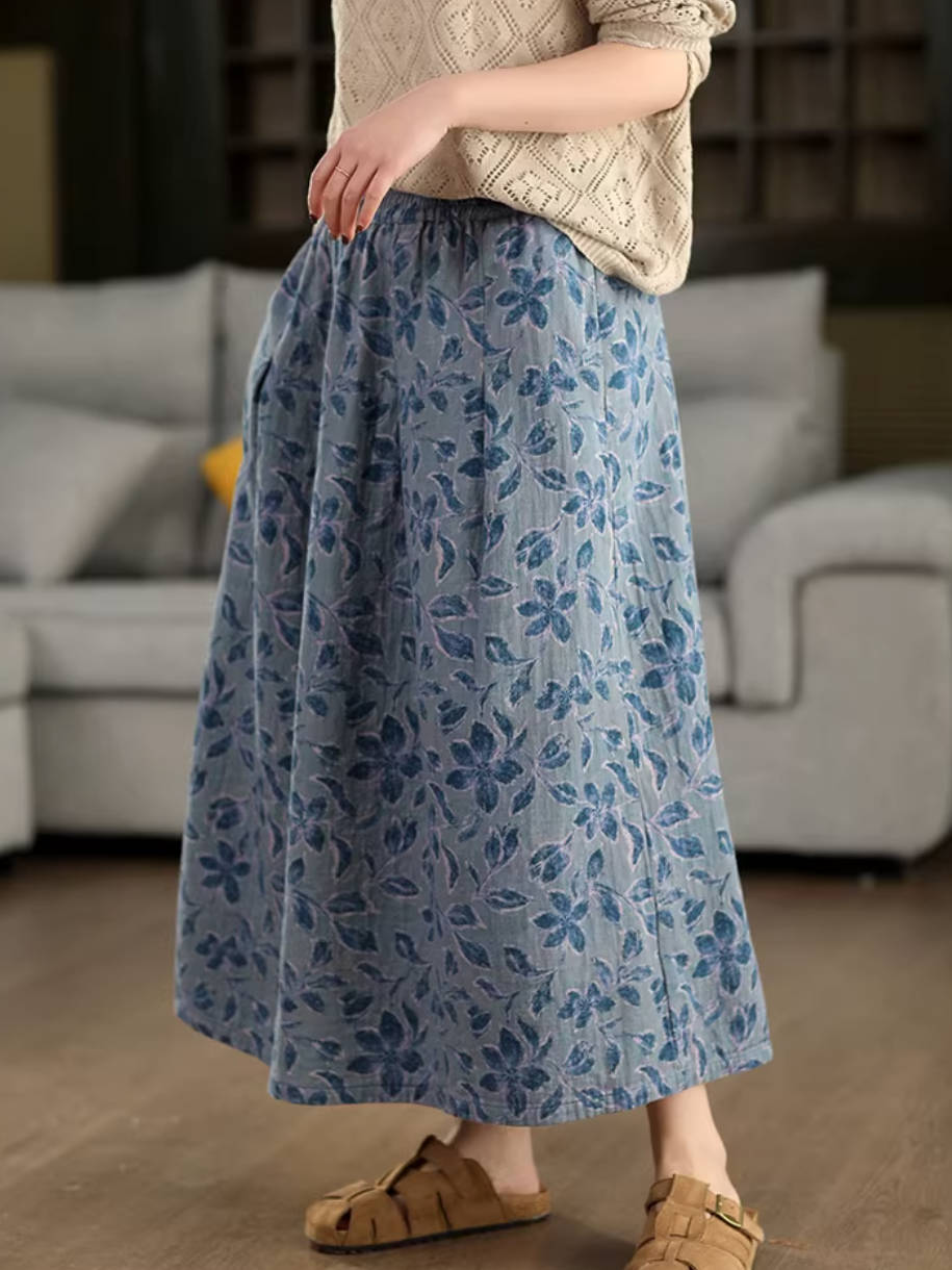 Retro Cotton Printed A-Line Loose Casual Pockets Skirt