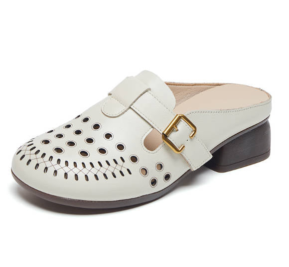 Women Retro Casual Women Leather Round Toe Mules Sandals