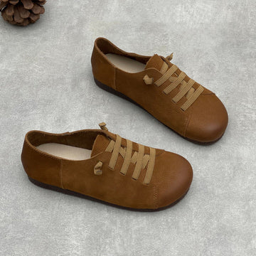 Babakud Retro Leather Round Toe Elastic Soft Sole Flat Shoes