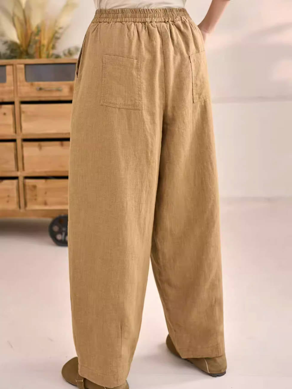 Winter Ramie Retro Solid Color Warm Elastic Waist Pants With Pockets