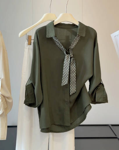 Women Casual Polka Dot Bow Polo Collar Cotton Linen Shirt
