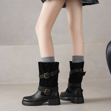 Autumn Leather Sueded Patchwork Double Buckle Slouch Boots