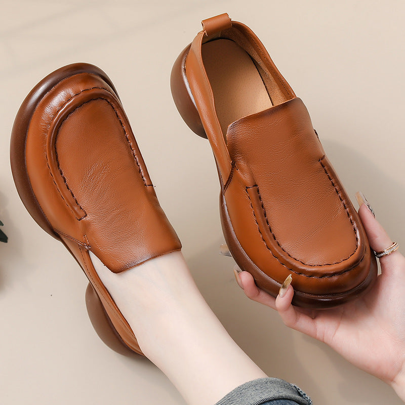Genuine Leather Simple Wide Toe Soft Sole Low Heel Slip-On Loafers