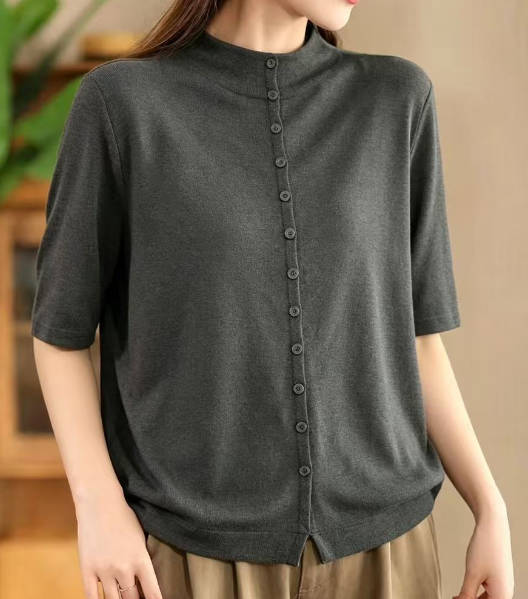 Women Half-Turtleneck Knit Solid Color Loose Fit Button-Up Mid-Sleeve T-Shirt