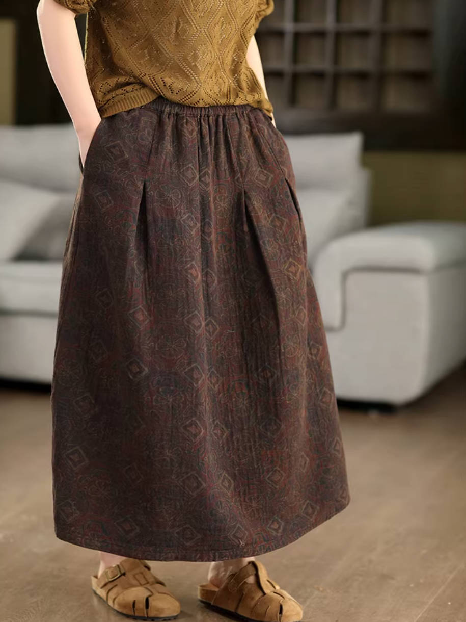 Retro Cotton Printed A-Line Loose Casual Pockets Skirt