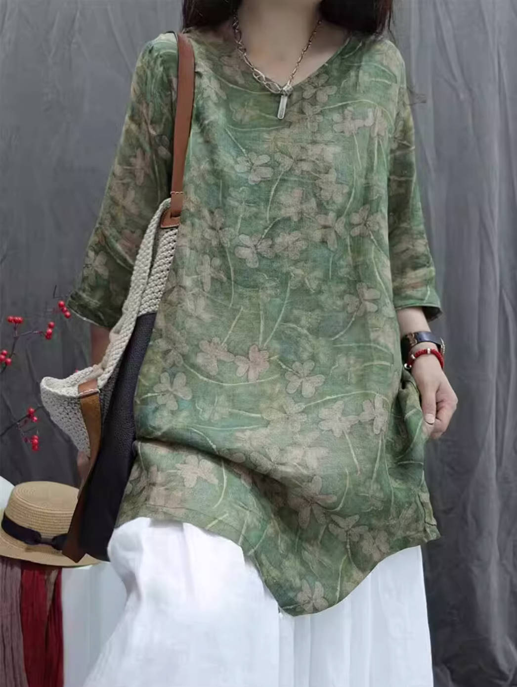 Summer Retro Ramie Floral Half Sleeves Long Loose Casual Shirt