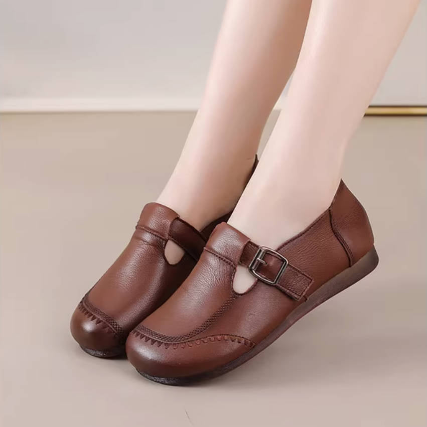 Spring Retro Top Leather Cut Out Round Toe Slip-On Flat Shoes