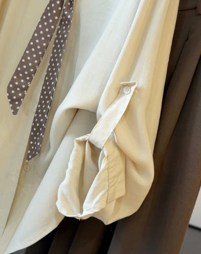Women Casual Polka Dot Bow Polo Collar Cotton Linen Shirt