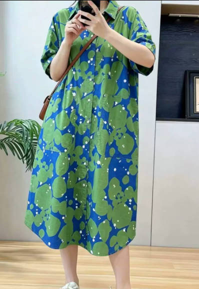 Summer Pure Cotton Lapel Collar Flower Loose Fit A-line Dress