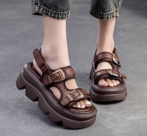 Summer Vintage Ankle Strap Thick-Soled Leather Open-Toe Breathable Sandals