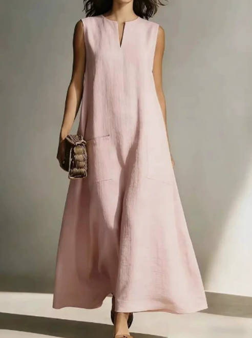 Casual Solid Color Cotton Linen V-Neck Sleeveless Dress