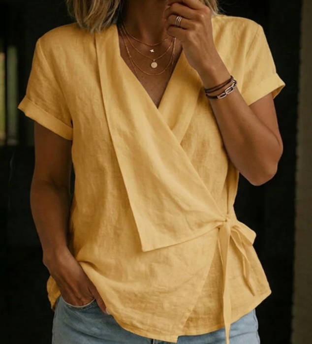 Casual Linen Laple Collar Short Sleeve Asymmetric Hem Tie Belt Tops