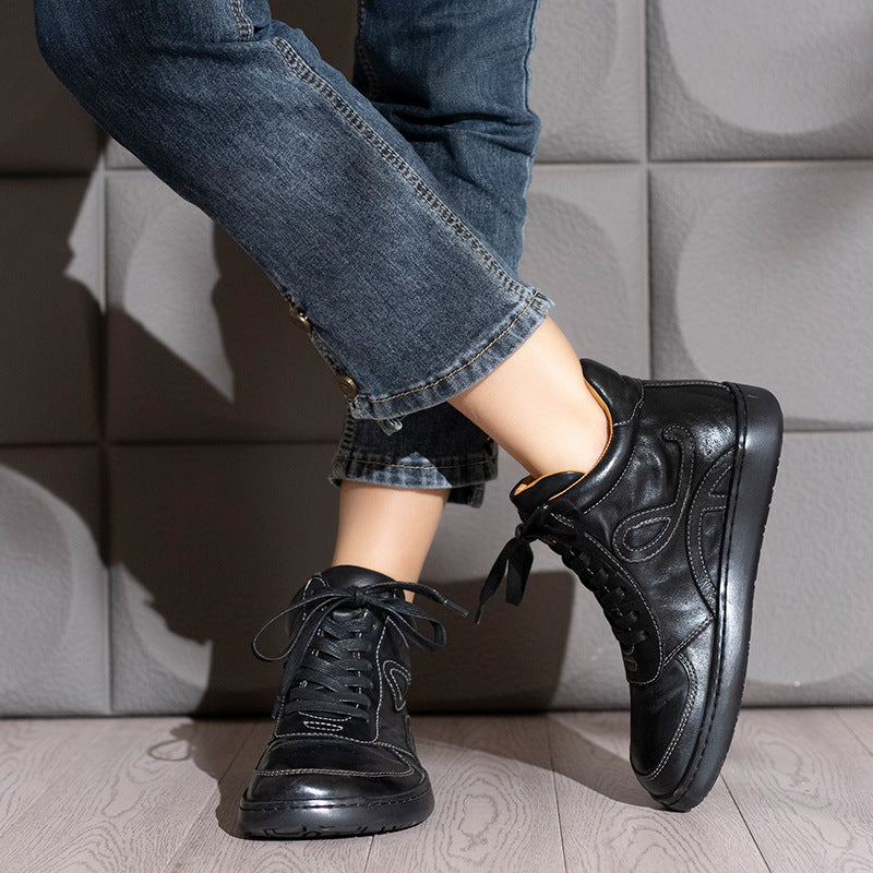 Casual Leather Embroidered Lace-Up Soft Sole Sneakers