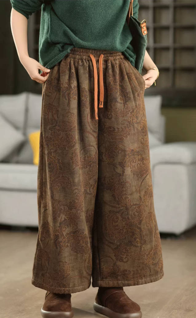 Winter Retro Cotton Printed Warm Plush Elastic Waist Loose Pants