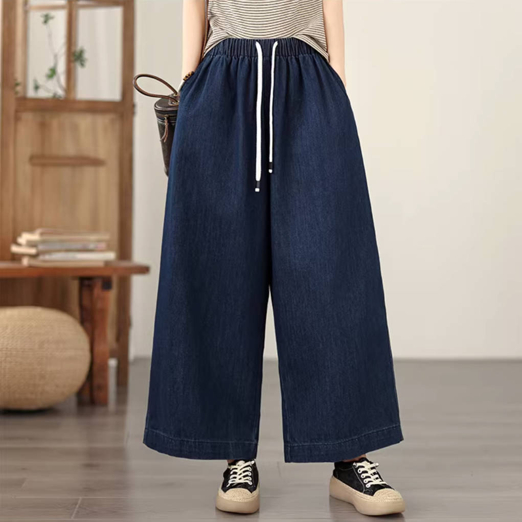 Blue Casual Denim Loose Elastic Waist Wide Legs Lace-Up Pants