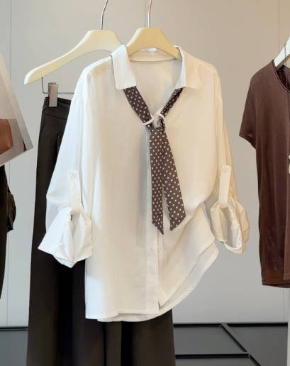 Women Casual Polka Dot Bow Polo Collar Cotton Linen Shirt