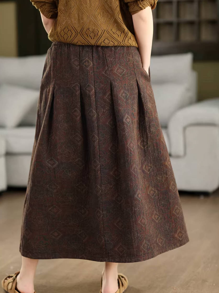 Retro Cotton Printed A-Line Loose Casual Pockets Skirt
