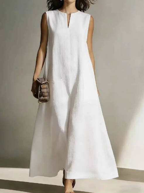 Casual Solid Color Cotton Linen V-Neck Sleeveless Dress