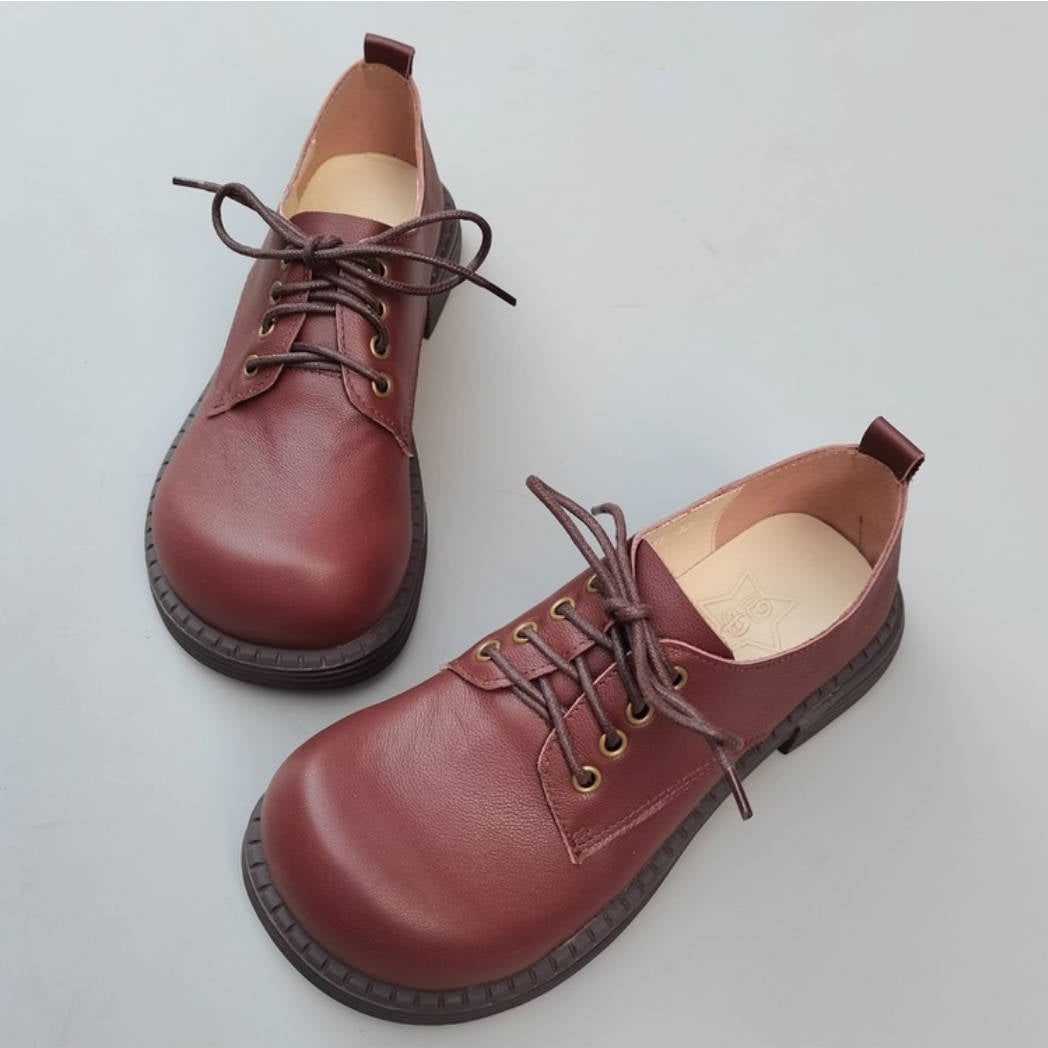 Retro Leather Round Wide Toe Comfortable Chunky Shoes