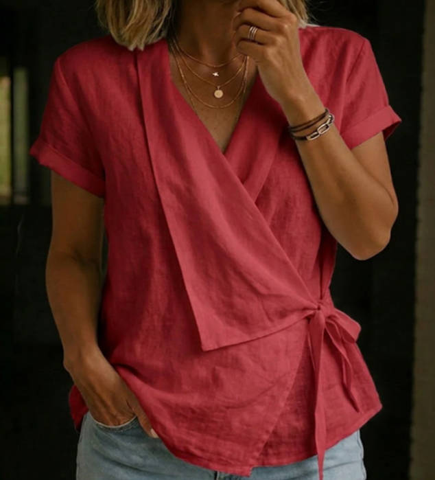 Casual Linen Laple Collar Short Sleeve Asymmetric Hem Tie Belt Tops
