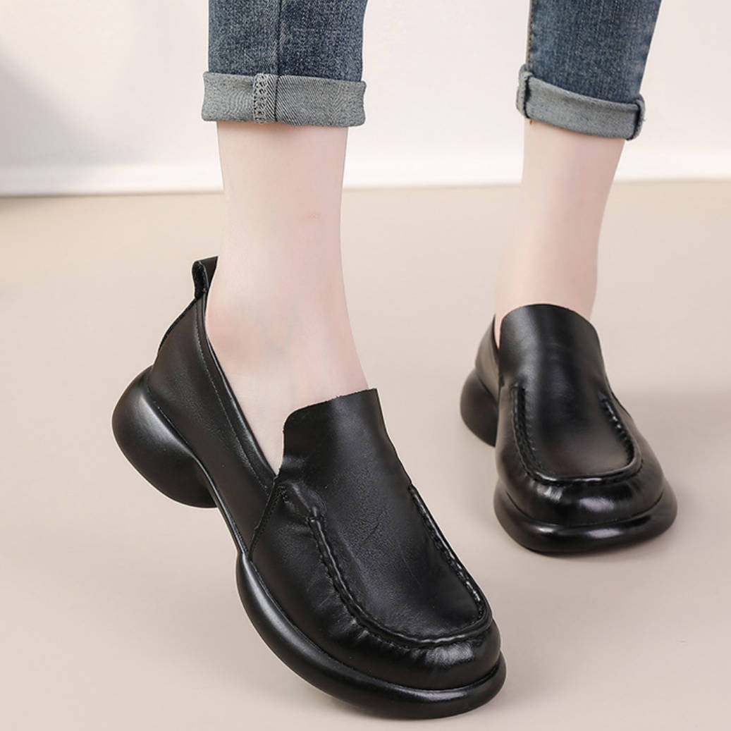 Genuine Leather Simple Wide Toe Soft Sole Low Heel Slip-On Loafers