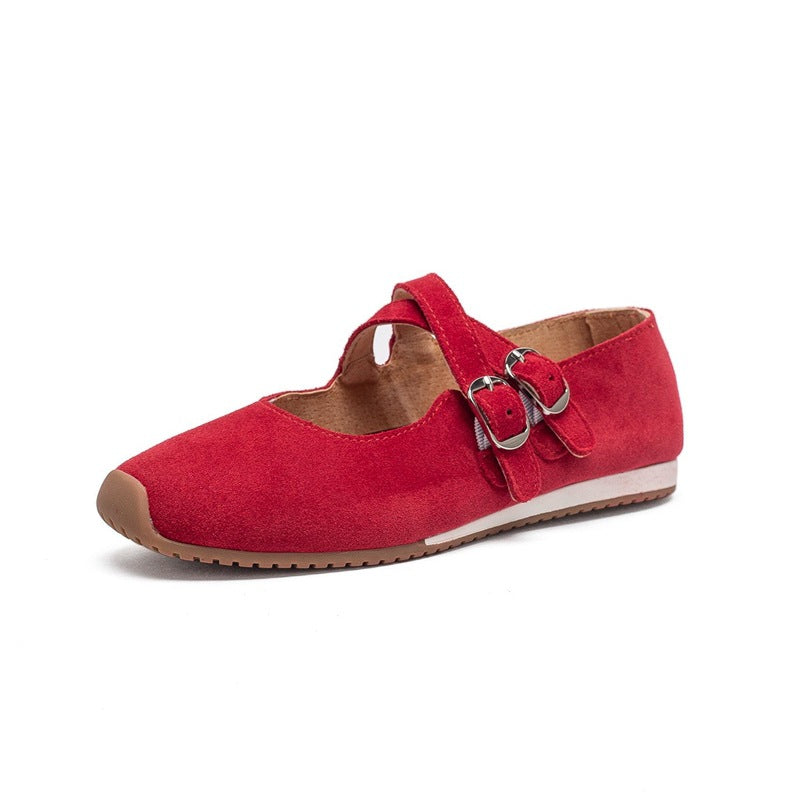 Sueded Leather Retro Solid Color Crossing Straped Casual Flat Shoes