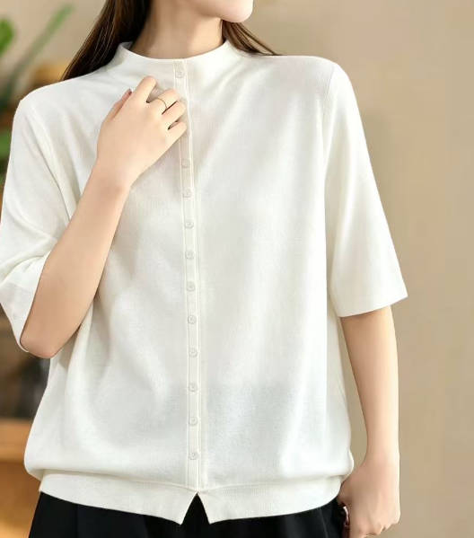 Women Half-Turtleneck Knit Solid Color Loose Fit Button-Up Mid-Sleeve T-Shirt