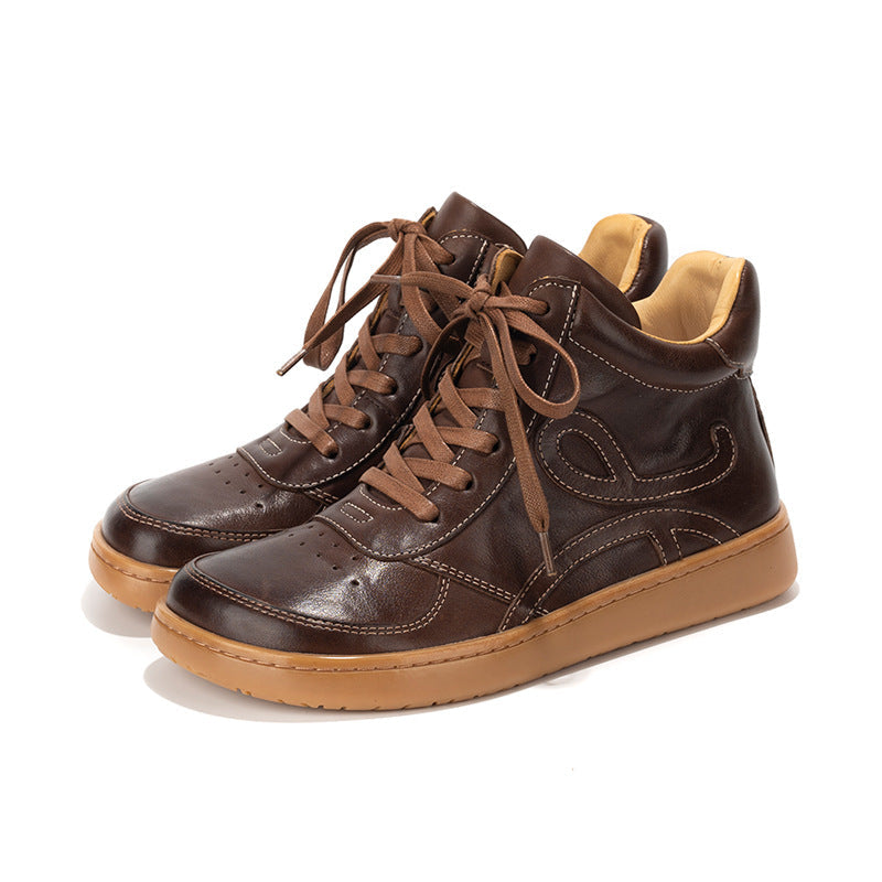 Casual Leather Embroidered Lace-Up Soft Sole Sneakers