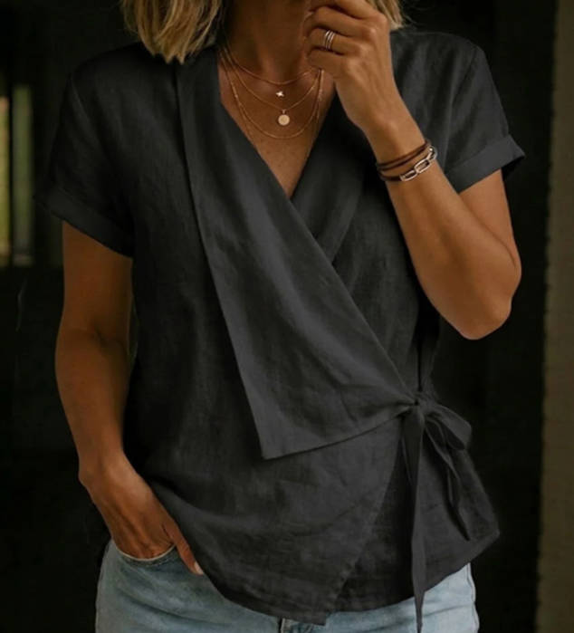 Casual Linen Laple Collar Short Sleeve Asymmetric Hem Tie Belt Tops