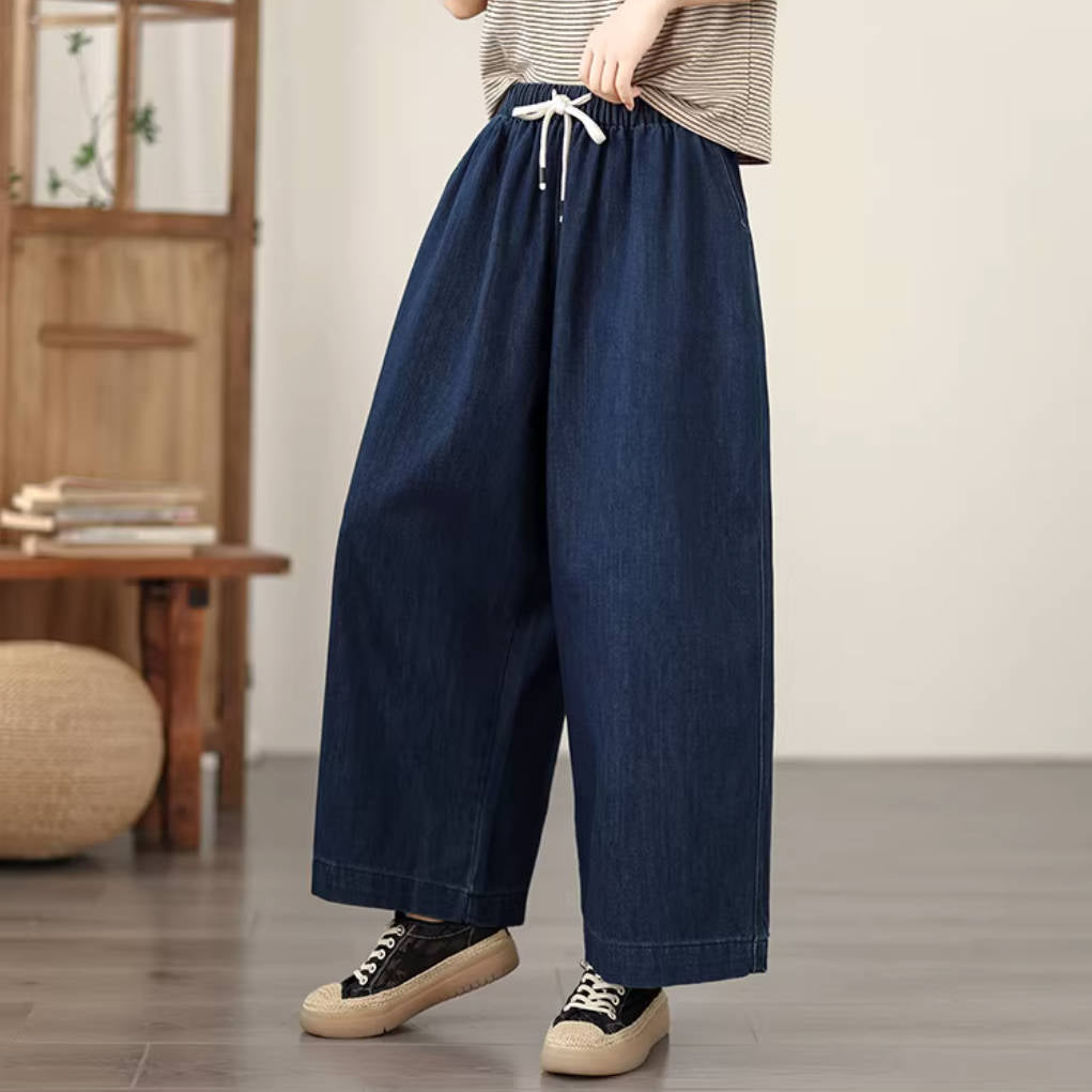 Blue Casual Denim Loose Elastic Waist Wide Legs Lace-Up Pants