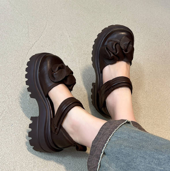 Women Leather Artistic Retro Platform Round Closed Toe Roman Sandals