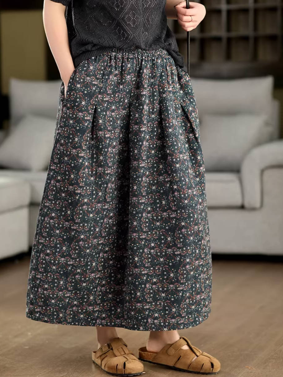 Retro Cotton Printed A-Line Loose Casual Pockets Skirt