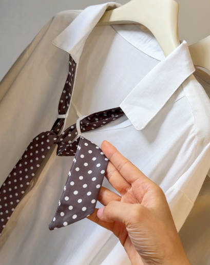 Women Casual Polka Dot Bow Polo Collar Cotton Linen Shirt