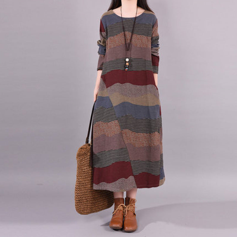 Autumn Cotton Linen Round Neck Loose Patchwork Casual A-Line Dress