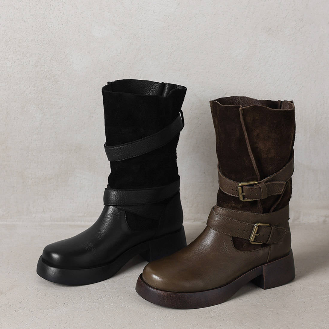 Autumn Leather Sueded Patchwork Double Buckle Slouch Boots