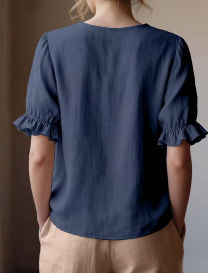 Casual Linen Solid Color Ruffled Short Sleeve Blouse Puff Sleeves Top