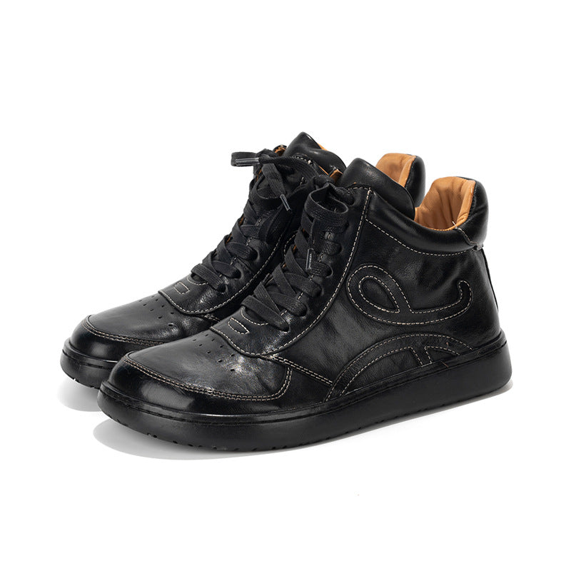 Casual Leather Embroidered Lace-Up Soft Sole Sneakers