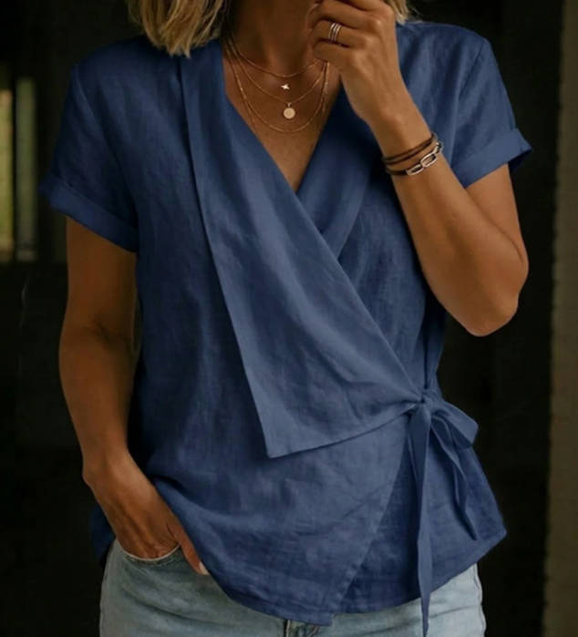 Casual Linen Laple Collar Short Sleeve Asymmetric Hem Tie Belt Tops