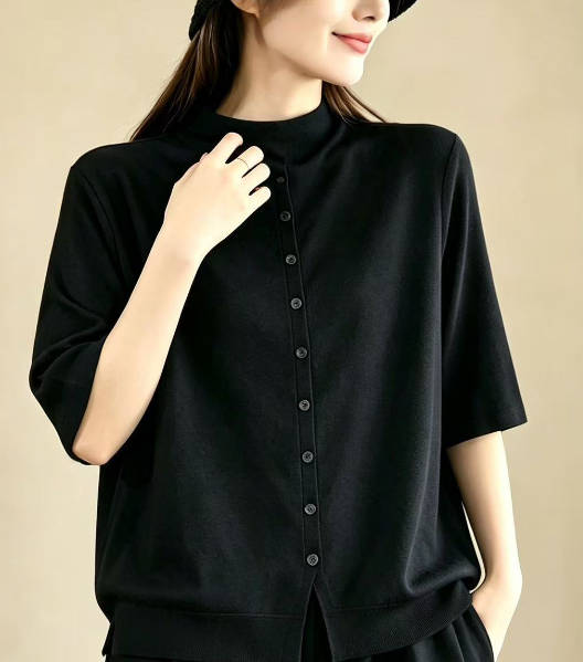 Women Half-Turtleneck Knit Solid Color Loose Fit Button-Up Mid-Sleeve T-Shirt