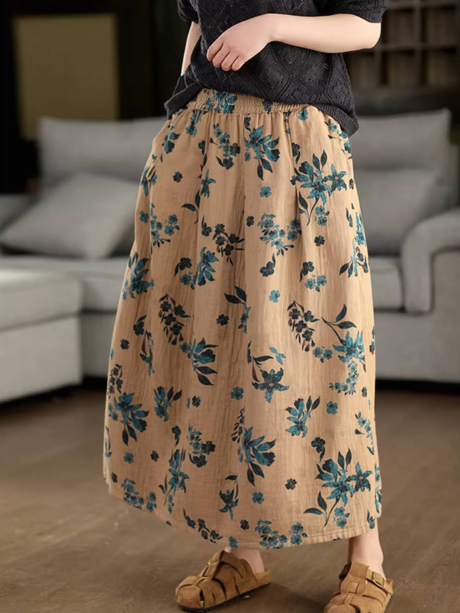 Retro Cotton Printed A-Line Loose Casual Pockets Skirt
