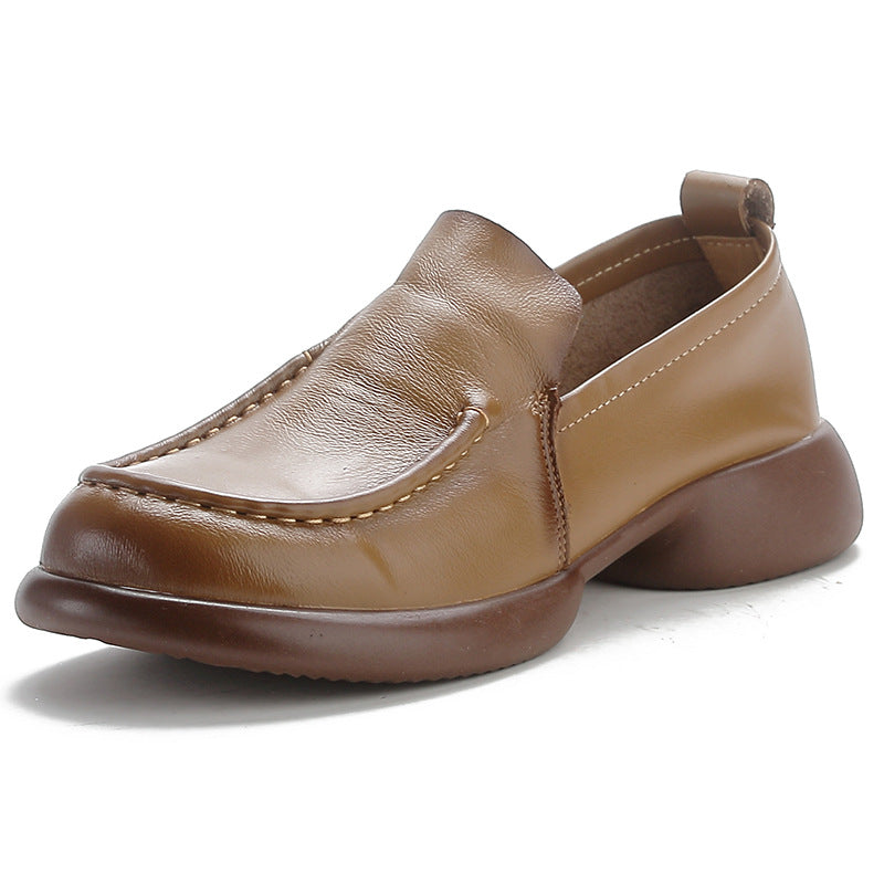 Genuine Leather Simple Wide Toe Soft Sole Low Heel Slip-On Loafers