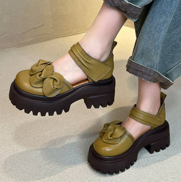 Women Leather Artistic Retro Platform Round Closed Toe Roman Sandals