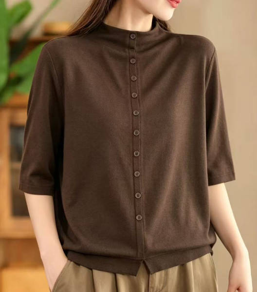 Women Half-Turtleneck Knit Solid Color Loose Fit Button-Up Mid-Sleeve T-Shirt