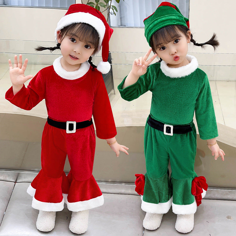 Christmas Kids Costume Red Green Bell-Bottom Pants Set