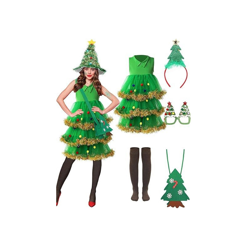 Women's Christmas Tree Costume Set With Hat, Glasses, And Bag