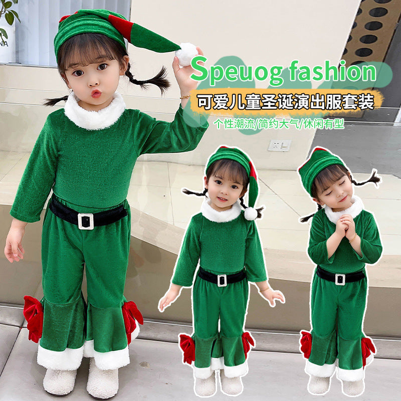 Christmas Kids Costume Red Green Bell-Bottom Pants Set