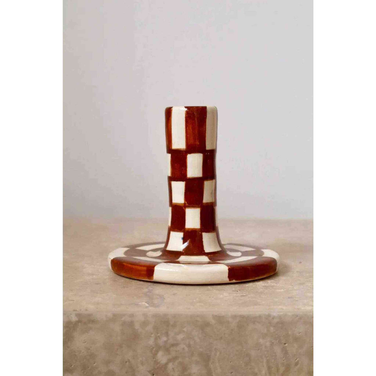 Handmade Ceramic Candle Holders in Brown and White Checkered Design