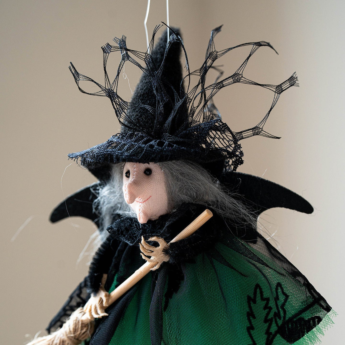 Halloween Mesh Broom Witch Decoration Bell Dangler